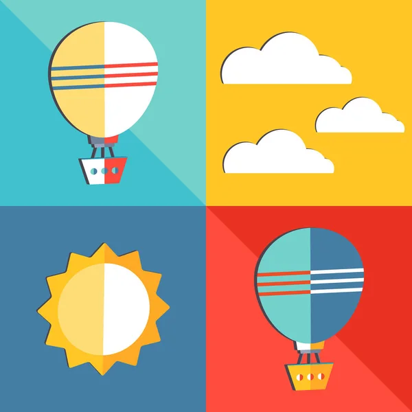 Set of air transport icons in flat style. Vector illustration Air balloon, aerostat, sun and clouds. Travel by air transport. Ready set for posters, websites, cards in a modern simple style. Isolated