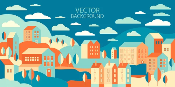The urban landscape in a geometric minimal flat style. Autumn urban background with buildings, trees, hills in vector. Abstract horizontal banner with an empty space — Stock Vector