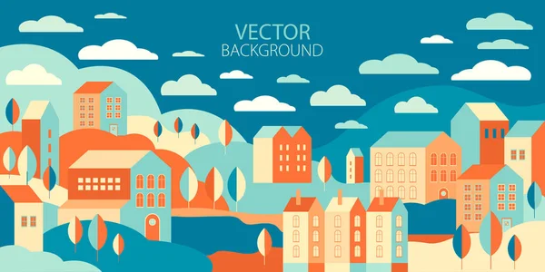 El paisaje urbano en un estilo geométrico mínimo plano. Fondo urbano otoñal con edificios, árboles, colinas en vector. Banner horizontal abstracto con un espacio vacío — Vector de stock