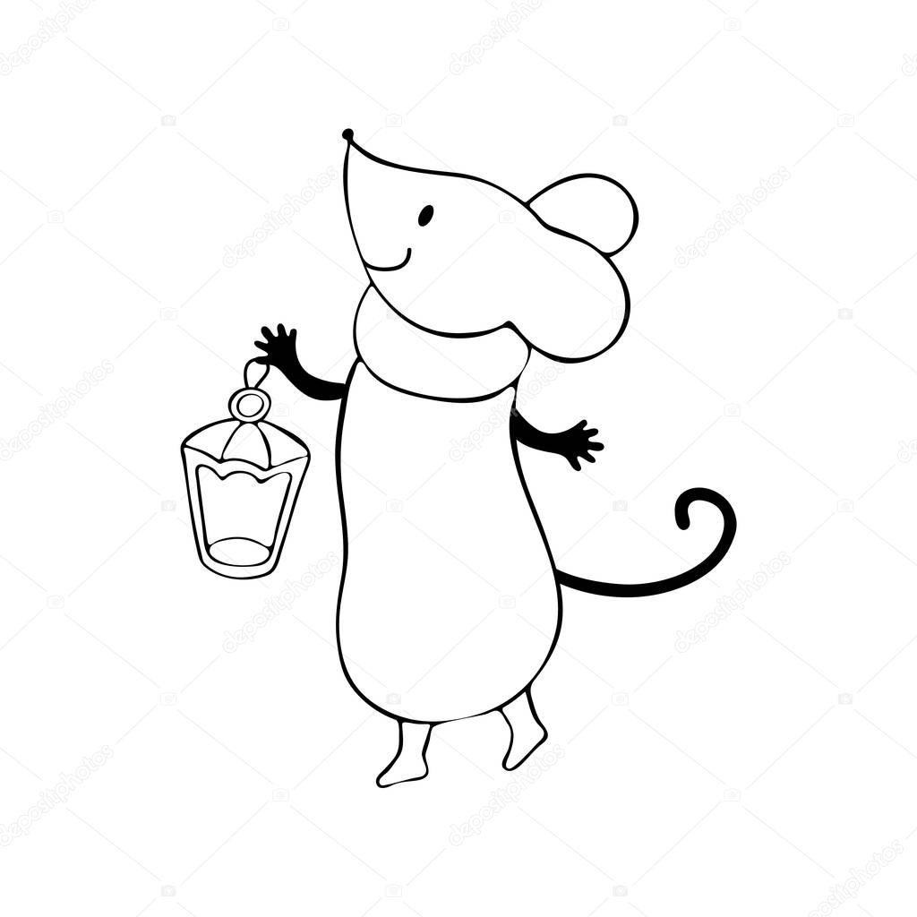 Cute cartoon mouse in vector. Chinese symbol 2020 new year. Illustration for design on the theme of Christmas and New year. Hand-drawn black and white line. Isolated object on white background. Doodle