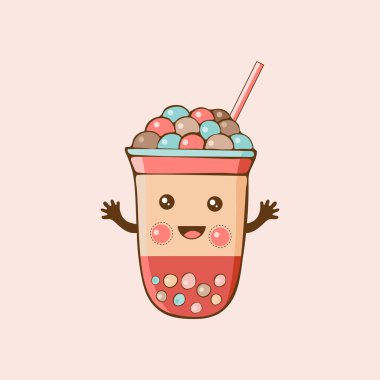 Sevimli kawaii karakter siyah Tapioca inci. Kabarcıkçayı. Top tapyoka veya boba Karikatür vektör illüstrasyon. Boba çayı, sütlü çay, Tayvan içeceği. Elle çizilmiş