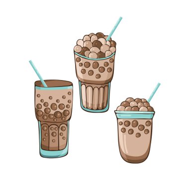 Beyaz arka plan üzerinde izole kabarcık çay için Tapyoka siyah inci. Tapyoka topu veya boba vektör illüstrasyon. Boba çayı, köpüklü çay, süt lütyi, Tayvan içeceği. Elle çizilmiş