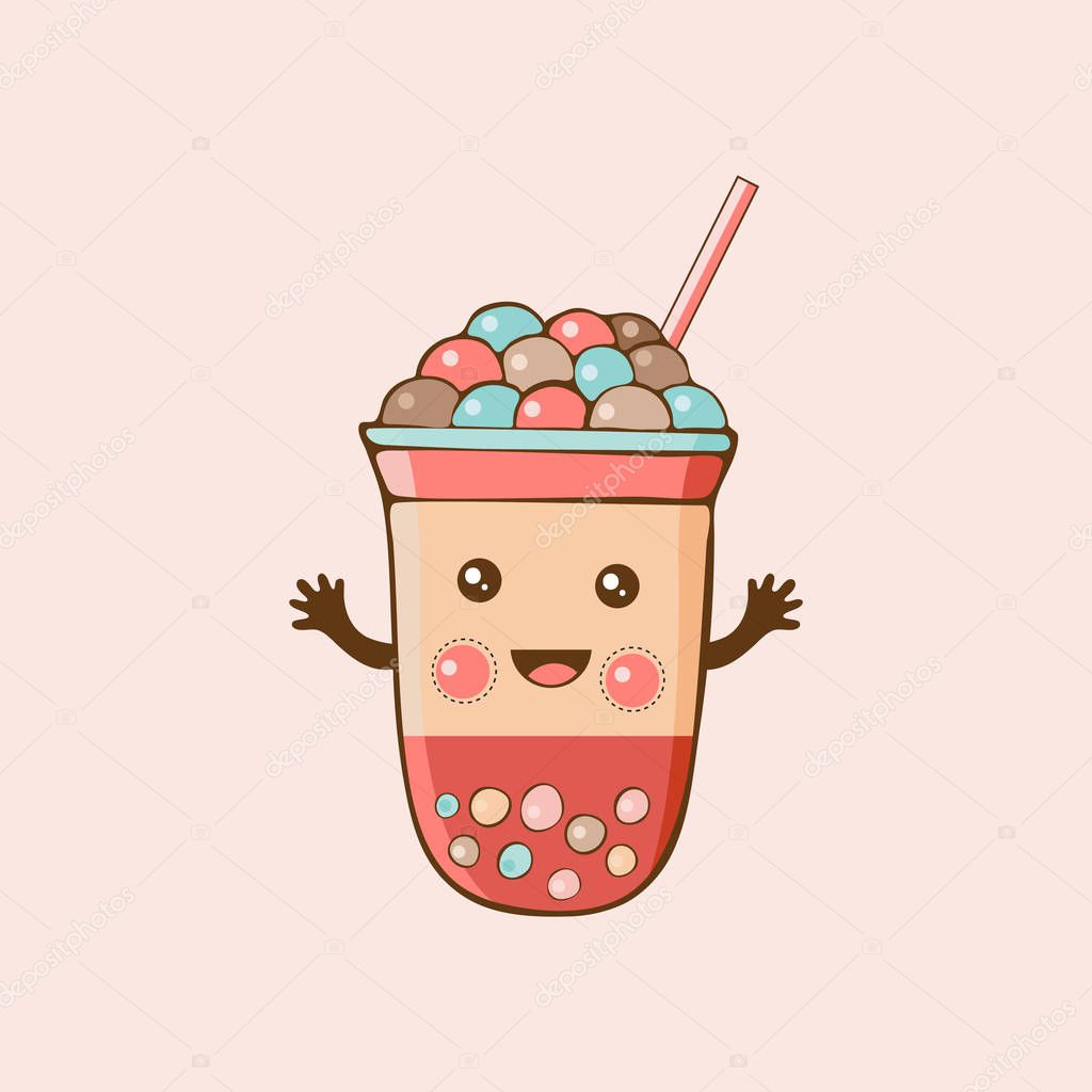 Cute kawaii character black Tapioca pearls. Bubble tea. Cartoon vector illustration of ball tapioca or boba. Boba tea, milk tea, Taiwanese drink. Hand drawn Doodle.