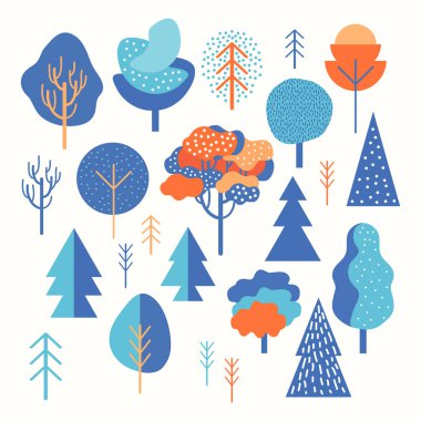 Geometrik orman vektör olarak ayarlandı. Basit minimalist ağaçlar. İskandinav tarzı Dev. Çizgi film Vektör illüstrasyonu. Ağ afişleri ve basılı materyaller için renkli tasarım. Noel ağaçları