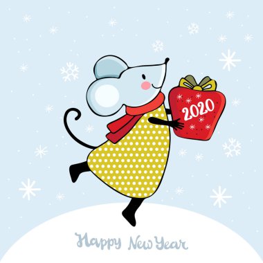 Vektör olarak şirin çizgi film faresi. Kawaii faresi kar taneleri arasında bir hediye tutuyor. El çizimi mesaj. Mutlu yıllar. Çin sembolü 2020 yeni yıl. Noel ve Yeni Yıl kartı veya afişi.