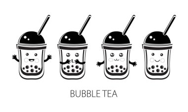 Sevimli kawaii karakter siyah Tapioca inci. Kabarcıkçayı. Top tapyoka veya boba Karikatür vektör illüstrasyon. Boba çayı, sütlü çay, Tayvan içeceği. Elle çizilmiş Doodle. Siyah beyaz.