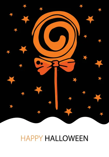 Tarjeta de felicitación de Halloween en vector. Una gran piruleta redonda de negro y naranja contra el cielo nocturno. Dulces de Halloween. Dulce fiesta. Ilustración dibujada a mano para tarjeta de felicitación , — Archivo Imágenes Vectoriales