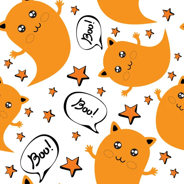 Padrão sem costura feliz decoração Halloween no vetor. Doodles bonitos para festa de Halloween com um gato fantasma bonito voando entre as estrelas e a lua no céu. O Ghost diz "boo". Desenhado à mão — Vetor de Stock