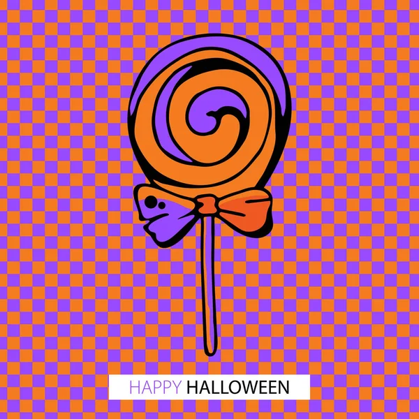 Halloween pozdrav diskotéka a pop art. Velké kulaté lízátko. Barevné pop art pozadí. Roztomilé čmáranice na Halloweenskou párty se sladkými sladkostmi. Ručně kreslená ilustrace k plakátu — Stockový vektor