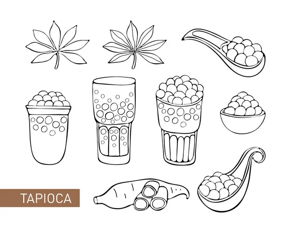 Set Bubble Tea, thé au lait perlé, perles noires et blanches. Boisson taïwanaise. Tapioca. Objet isolé sur fond blanc en vecteur. Icône thé boisson. Feuilles et tubercules Manihot. Ligne noire et blanche . — Image vectorielle