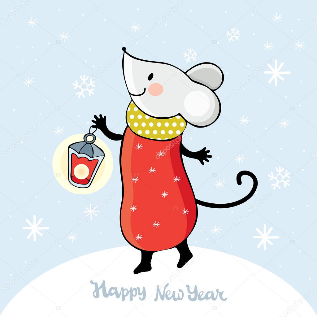 Cute cartoon mouse in vector. Kawaii mouse holding a lantern among the snowflakes. Hand drawn text Happy New year. Chinese symbol 2020 new year. Christmas and New year card or banner. Doodle