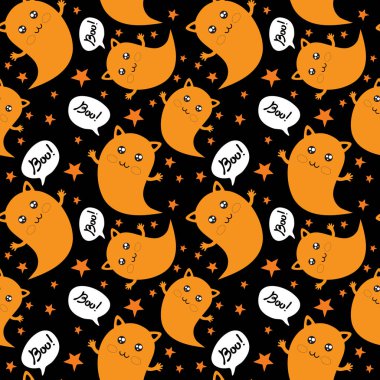 Kusursuz desenli Cadılar Bayramı dekorasyonunuz kutlu olsun. Cadılar Bayramı partisi için sevimli karalamalar yıldızların arasında uçan sevimli bir hayalet kedi ve gökteki ay. Ghost yuh diyor. El çizimi