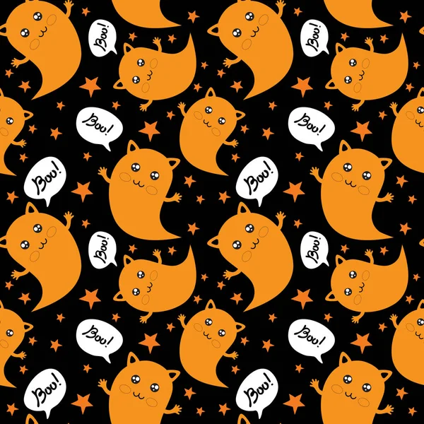 Padrão sem costura feliz decoração Halloween no vetor. Doodles bonitos para festa de Halloween com um gato fantasma bonito voando entre as estrelas e a lua no céu. O Ghost diz "boo". Desenhado à mão —  Vetores de Stock