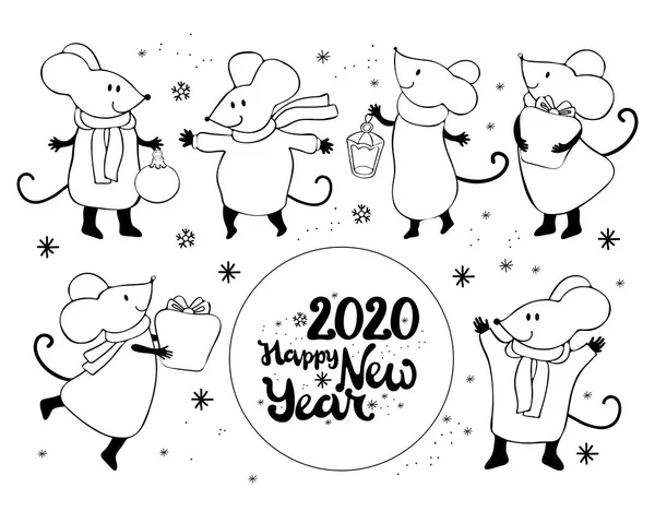 Набір мишей-карикатур у векторі. Китайський символ 2020 Новий рік. Щасливого Нового року. Ілюстрація дизайну на тему Різдва та Нового року. Чорно-біла лінія.. — стоковий вектор