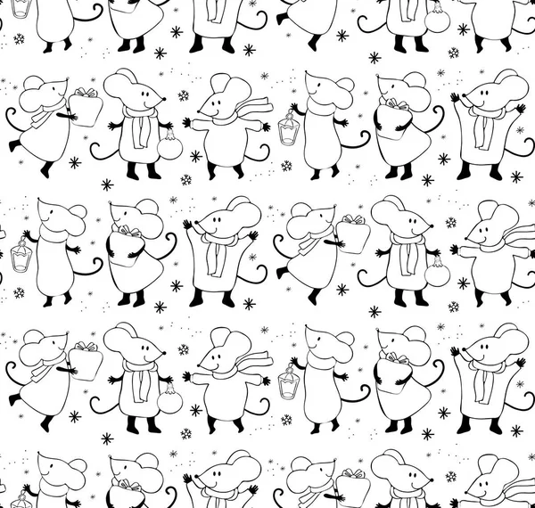 Seamless pattern of cute cartoon mouse in vector. Chinese symbol 2020 new year. Background New year and Christmas. Hand-drawn black and white line. — Stock Vector