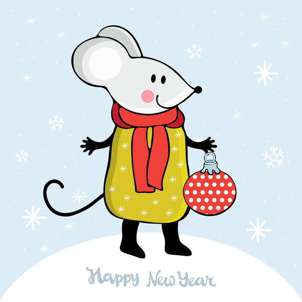 Симпатичная мультяшная мышь в векторе. Кавайская мышь держит рождественскую игрушку среди снежинки. С Новым годом. Китайский символ 2020 Новый год. Рождественская и новогодняя открытка или баннер
.