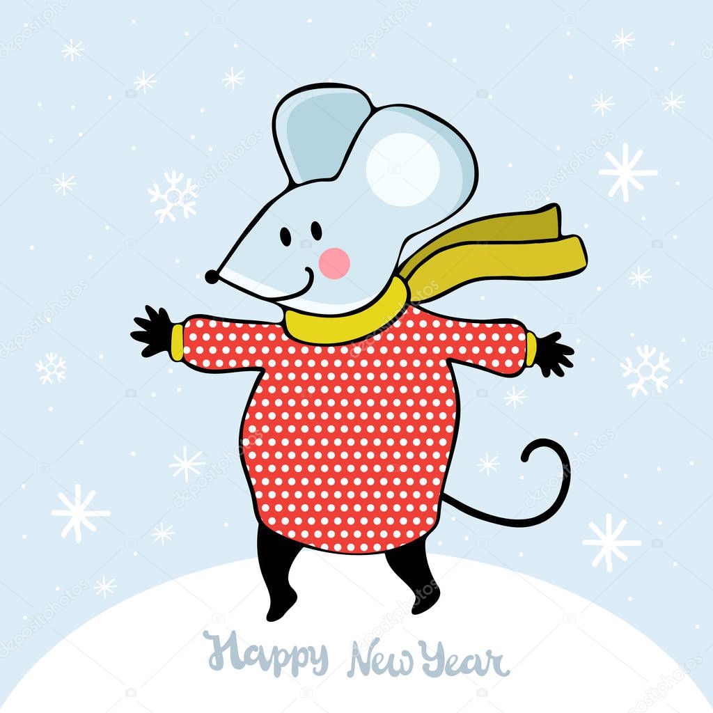 Cute cartoon mouse in vector. Funny and happy mouse plays and dances under the falling snow. Hand drawn text Happy New year. Chinese symbol 2020 new year. Christmas and New year card or banner. Doodle