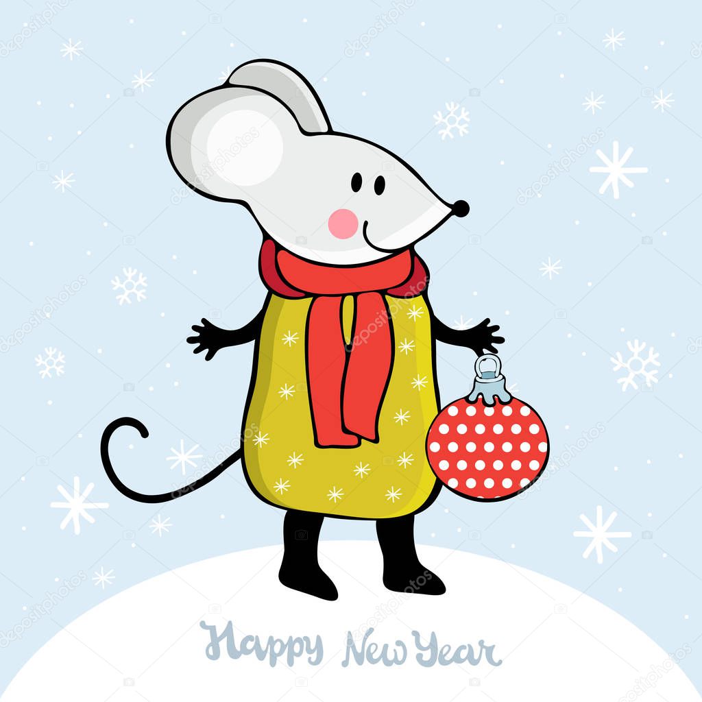 Cute cartoon mouse in vector. Kawaii mouse holding a Christmas toy among the snowflakes. Hand drawn text Happy New year. Chinese symbol 2020 new year. Christmas and New year card or banner. Doodle