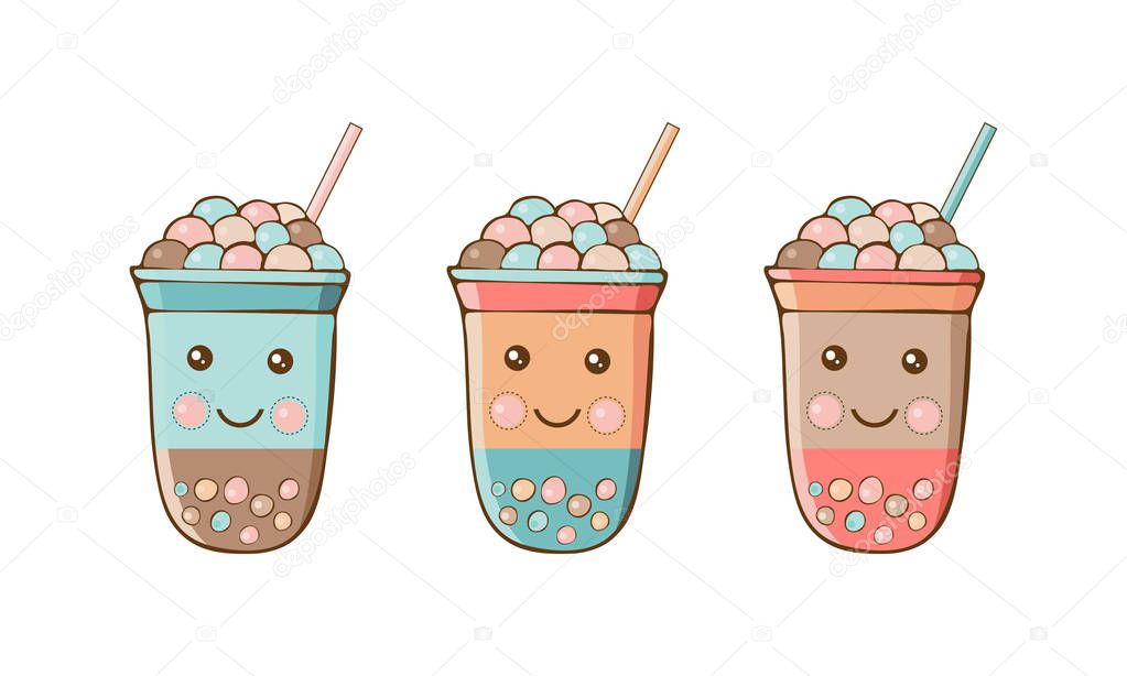 Cute kawaii character black Tapioca pearls. Bubble tea isolated on white background. Cartoon vector illustration of ball tapioca or boba. Boba tea, milk tea, Taiwanese drink. Hand drawn Doodle.