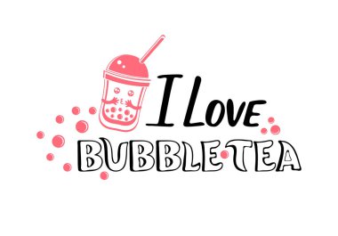 Şirin kawaii karakteri siyah Tapioca incileri ve harfleri köpük çayına bayılırım. Tapyoka ya da bobanın çizgi film vektör çizimi. Boba çayı, sütlü çay, Tayvan içkisi. El yapımı Doodle. Asya ürünü. 