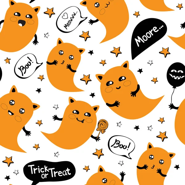 Padrão sem costura feliz Halloween em vetor. Doodles bonitos para festa de Halloween com um gato fantasma bonito voando entre as estrelas no céu. Gatos Kawaii com diferentes — Vetor de Stock