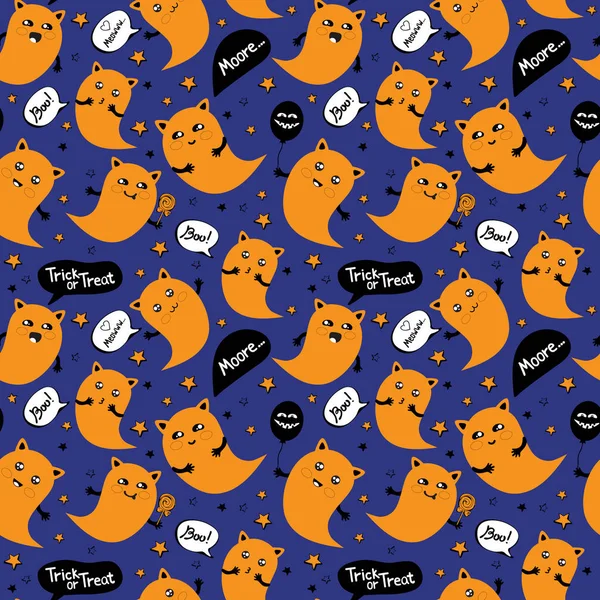 Seamless pattern happy Halloween in vector. Cute doodles for Halloween Party with a cute Ghost cat flying among the stars in the sky. Kawaii cats with different — Stock Vector