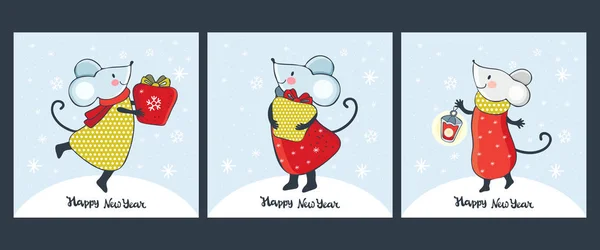 Conjunto de tarjetas de Navidad y pancartas con ratones de dibujos animados lindo en el vector. Ratón divertido y feliz año nuevo. Texto dibujado a mano Feliz Año Nuevo. Símbolo chino 2020 año nuevo. Decoración de Navidad. Doodle. — Archivo Imágenes Vectoriales