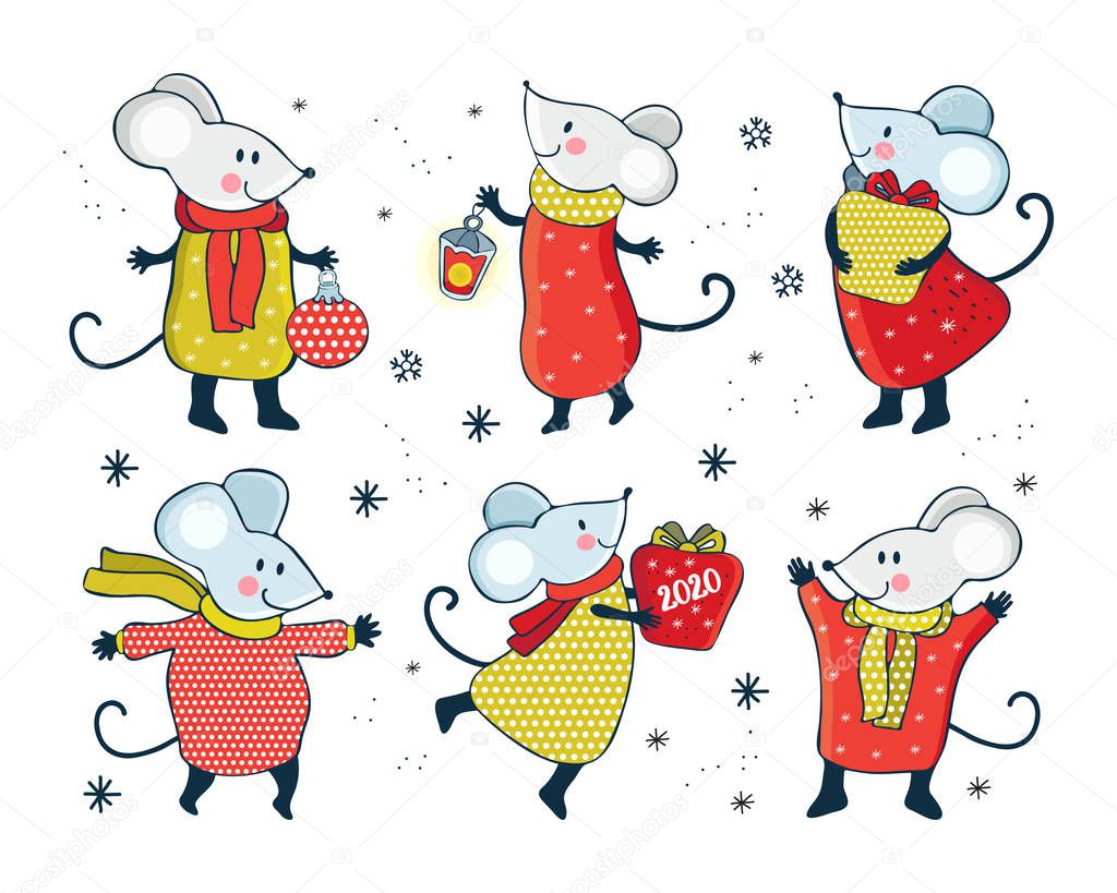 Set cute cartoon mouse in vector. Funny and happy new year mice. Hand drawn illustration. Chinese symbol 2020 new year. Christmas and New year card or banner. Doodle