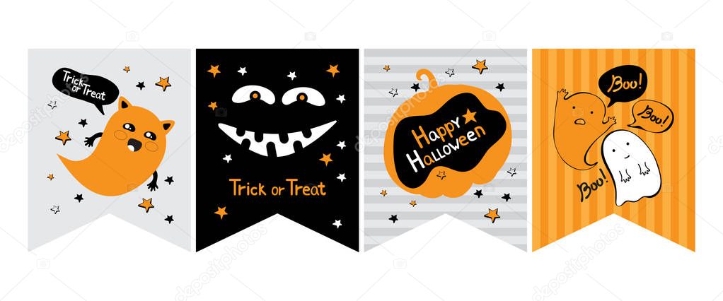 Funny Hand Drawn Halloween Vector Bunting. Illustration with cat, Ghost, pumpkin, Jack. Hand written trick or treat, happy Halloween, Boo. Gra, Orange, Black and White Design. Garland and flags