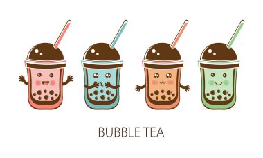 Şirin kawaii karakteri siyah Tapioca incilerini yerleştir. Köpüklü çay. Tapyoka ya da bobanın çizgi film vektör çizimi. Boba çayı, sütlü çay, Tayvan içkisi. El çizimi Doodle.
