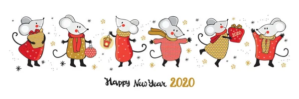 Горизонтальний різдвяний прапор з кумедними карикатурними мишами в золоті, червоному, сірому і чорному. Кумедні та щасливі новорічні миші у векторі. Намальована вручну. Китайський символ 2020 Новий рік. Новачок.. — стоковий вектор