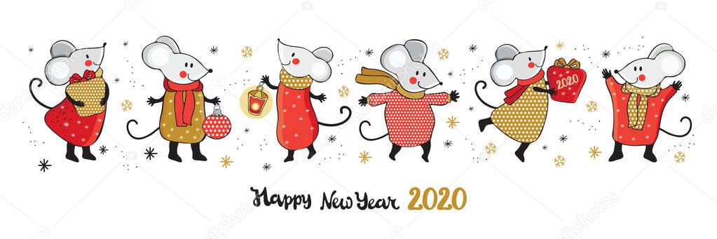 Horizontal Christmas banner with funny cartoon mice in gold, red, gray and black. Funny and happy new year mice in vector. Hand drawn illustration. Chinese symbol 2020 new year. New year card. Doodle.