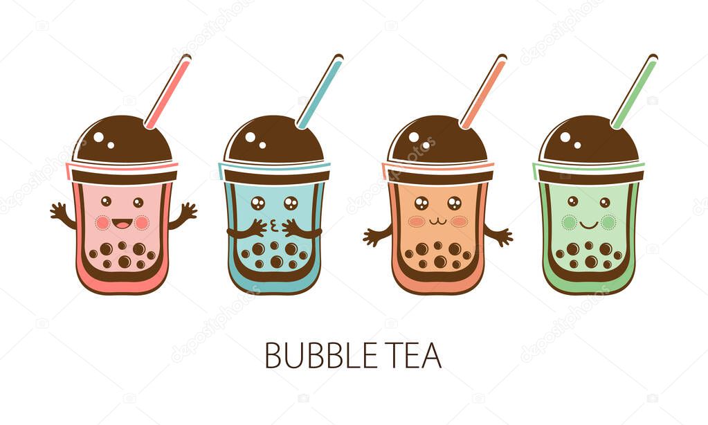 Set cute kawaii character black Tapioca pearls. Bubble tea. Cartoon vector illustration of ball tapioca or boba. Boba tea, milk tea, Taiwanese drink. Hand drawn Doodle. Asian product.