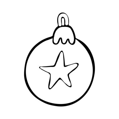 Noel ve yeni yıl kış ikonları. Noel balosu, dekorasyon, oyuncak. El çizimi monokrom seti, siyah beyaz. Mutlu bayramlar, kutlamalar. Beyaz arka planda tek bir nesne var. Sanat Çizgisi.