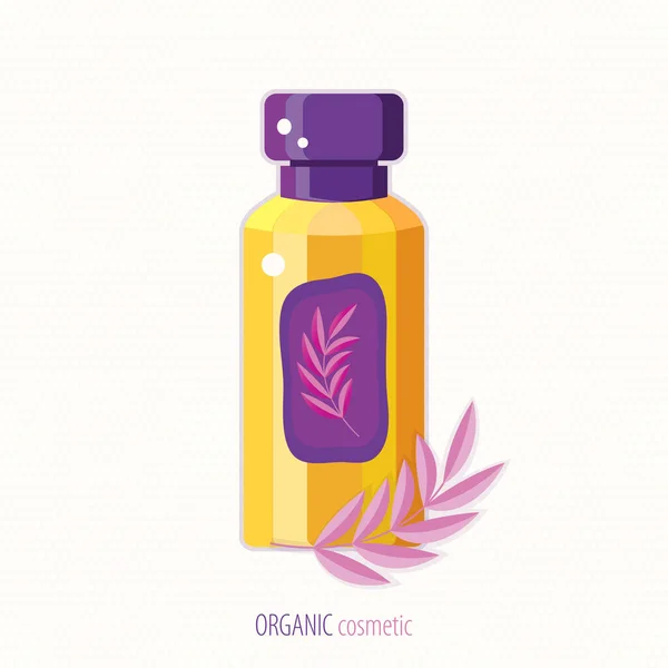 Natural herbal organic cosmetic. Plant cosmetics. Skin care product. Stylized Bottle with tonic, lotion or cleanser for facial care in flat vector. The concept of natural products. — Stock Vector