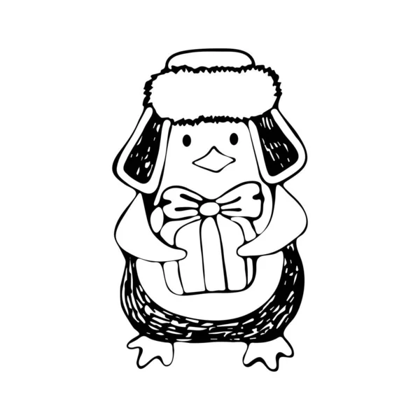 Niedlichen Cartoon-Pinguin mit Wintermütze hält ein Geschenk. Winterillustration für Design zum Thema Weihnachten und Neujahr. handgezeichnete Schwarz-Weiß-Kunstlinie im Vektor. Kinder Malseite. — Stockvektor