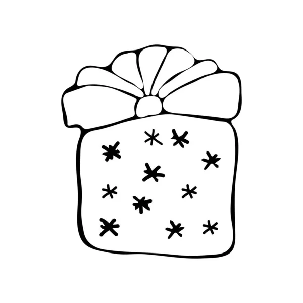 Kerstmis en Nieuwjaar winter iconen. Een geschenk, een verrassing. Handgetekende monochrome set, zwart-wit set. Gelukkig, vakantie, feest. Kunstlijn. Doodle. Geïsoleerd voorwerp — Stockvector