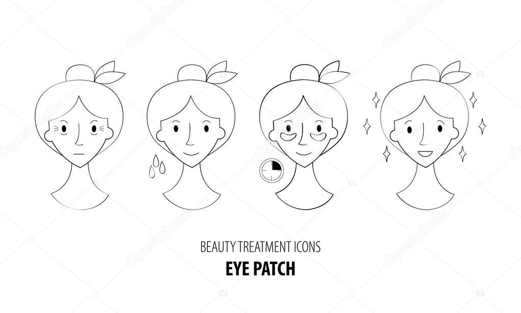 Collagen eye patches in vector. Beauty treatment illustration, application of patches under the eyes. Korean cosmetics. Steps how to apply eye patches. Beauty cosmetics icons. Spa salon