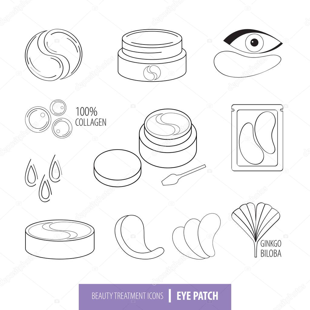 Beauty cosmetics line art icon set. Collagen eye patches in vector. Korean cosmetics. Icons patch for eyes, collagen, Ginkgo biloba, packaging with patch. Isolated objects. Black and white