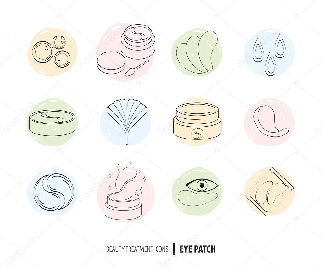 Beauty cosmetics line art icon set. Collagen eye patches in vector. Korean cosmetics. Icons patch for eyes, collagen, Ginkgo biloba, packaging with patch. Facial skin care. Drawn line art.