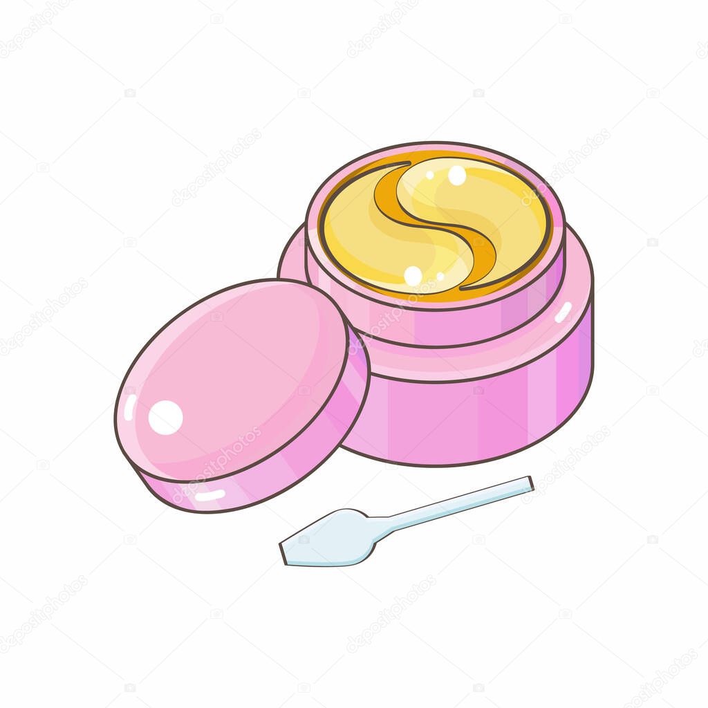 Hydrogel golden cosmetic eye patch in a pink jar. Cosmetic product for skin. Patches under the eyes. ollagen mask. Korean cosmetics. Facial skin care. Beauty product for eye care