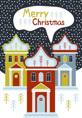 Yeni yıl ve Noel tebrik kartı. Mutlu Noeller. Çizgi film vektör çizimi. Sıcak Noel kasabasında karlı bir gece. Mutlu yeni yıl afişleri. Eski tarz. Tebrik kartı. Doğa. Kış