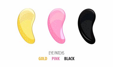 Set hydrogel cosmetic eye patch pink, gold and black. Cosmetic product for skin. Patches under the eyes. ollagen mask. Korean cosmetics. Facial skin care. Beauty product for eye care clipart