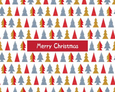 Yeni yıl ve Noel tebrik kartı vektörleri. Geometrik orman. Yılbaşı ağaçları, karda kırmızı ve gümüş. Basit minimalist ağaçlar. İskandinav tarzı.