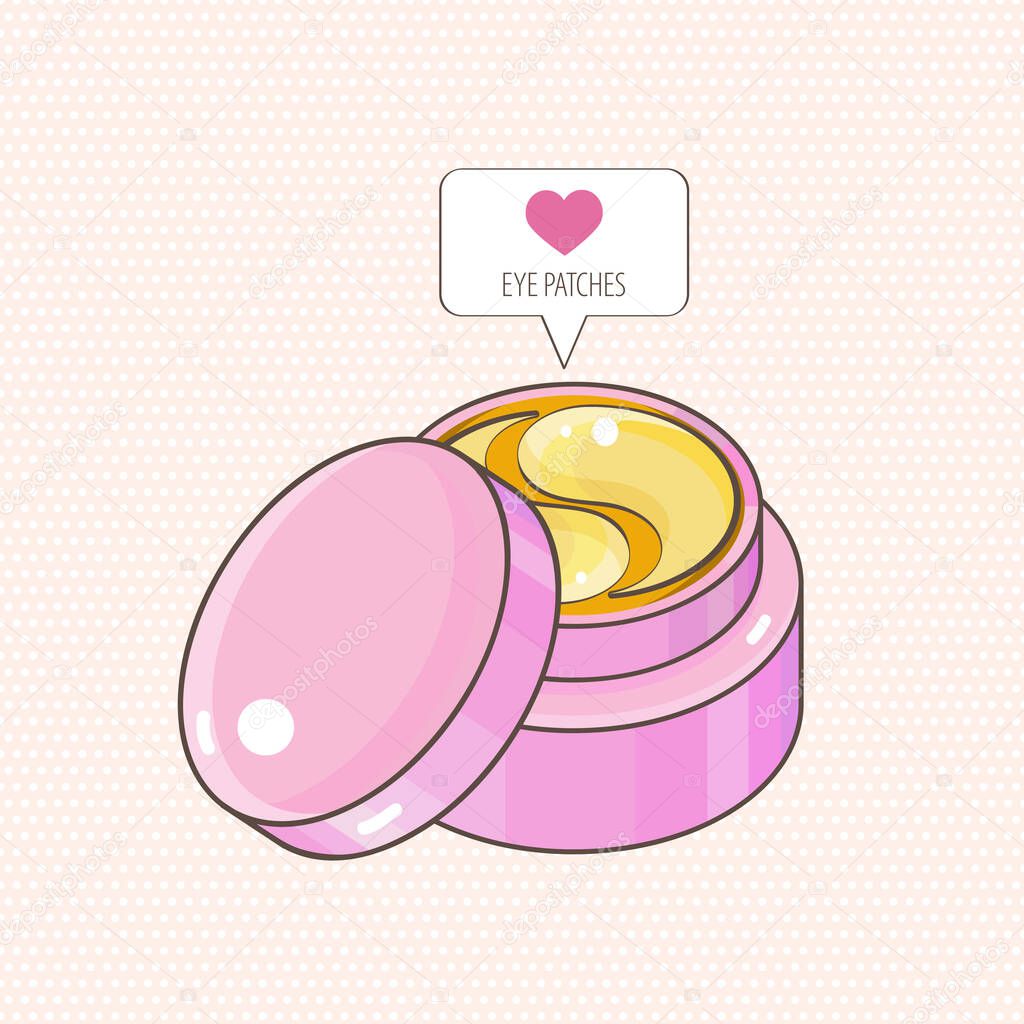 Hydrogel golden cosmetic eye patch in a pink jar. Icon like in the shape of a heart. Cosmetic product for skin. Patches under the eyes. ollagen mask. Korean cosmetics.