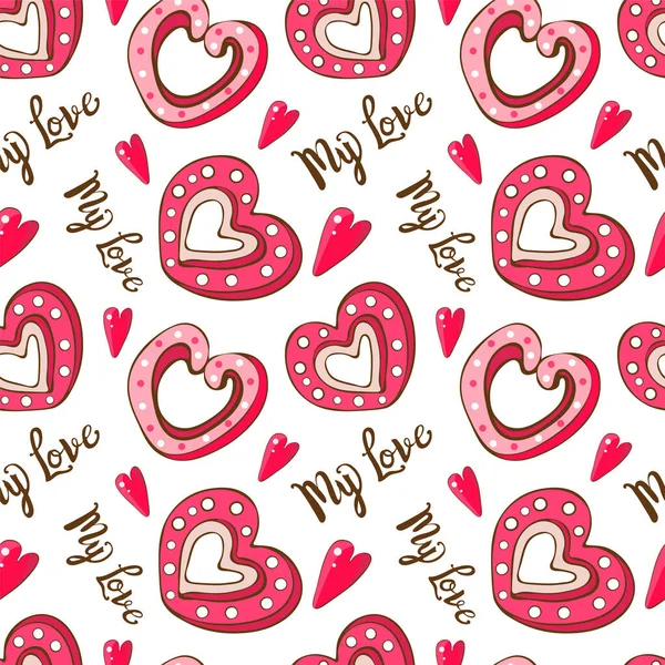 Patrón sin costuras corazón rosa en forma de galletas dulces y te amo para siempre. Estilo vintage dibujado a mano. Día de San Valentín. Declaración de amor. Símbolo del amor. Doodle. Para textiles, telas , — Vector de stock