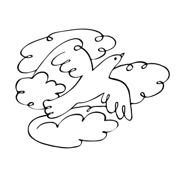 구름들 사이를 날아다니는 야생 새의 한 줄 그림입니다. 귀엽게 생긴 새 마스코트 개념이죠. 직선그리기. 현대 미술 라인, 어떤 목적으로 든 디자인입니다. 평화 벡터 일러스트. 자연 로고. — 스톡 벡터