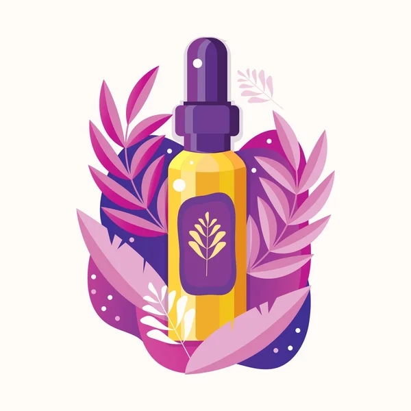 Natural herbal organic cosmetic. Plant cosmetics. Skin care product. Serum for facial care. Ecological and natural beauty products in flat vector. — Stock Vector