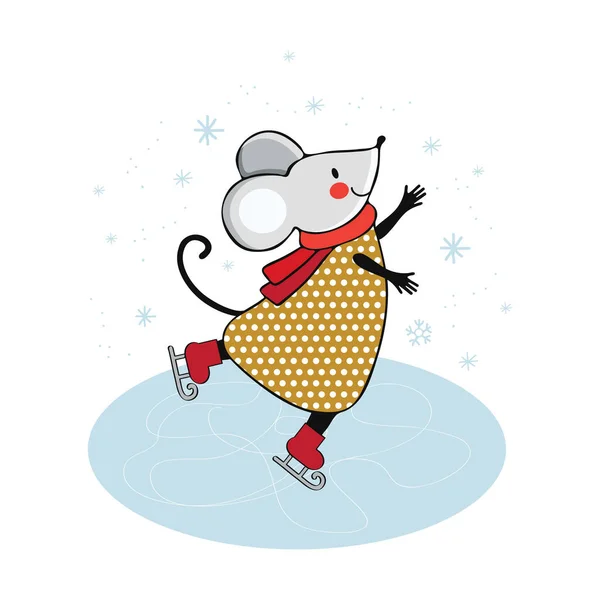 Nette Zeichentrickmaus beim Schlittschuhlaufen auf dem Eis. Maus im Wintersport. Lustige Tiere, die im Winter spielen. Eiskunstlauf. handgezeichnete Vektorillustration. skandinavisch — Stockvektor