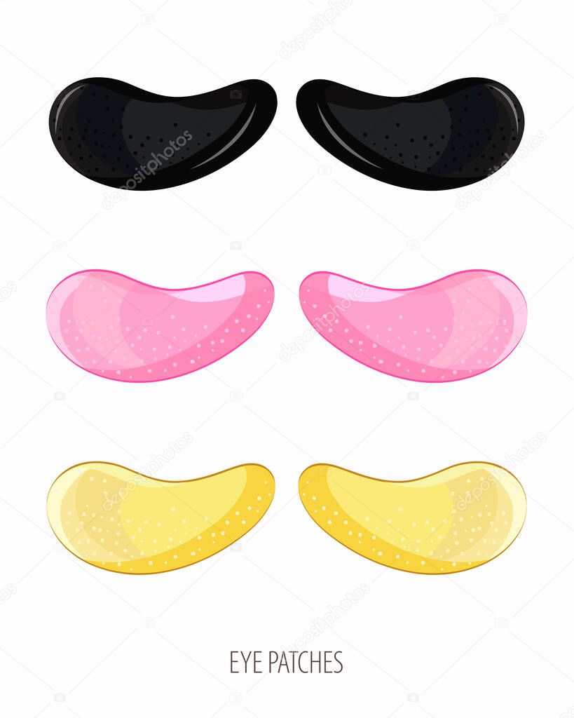 Set hydrogel cosmetic eye patch pink, gold and black. Cosmetic product for skin. Patches under the eyes. ollagen mask. Korean cosmetics. Facial skin care. Beauty product for eye care